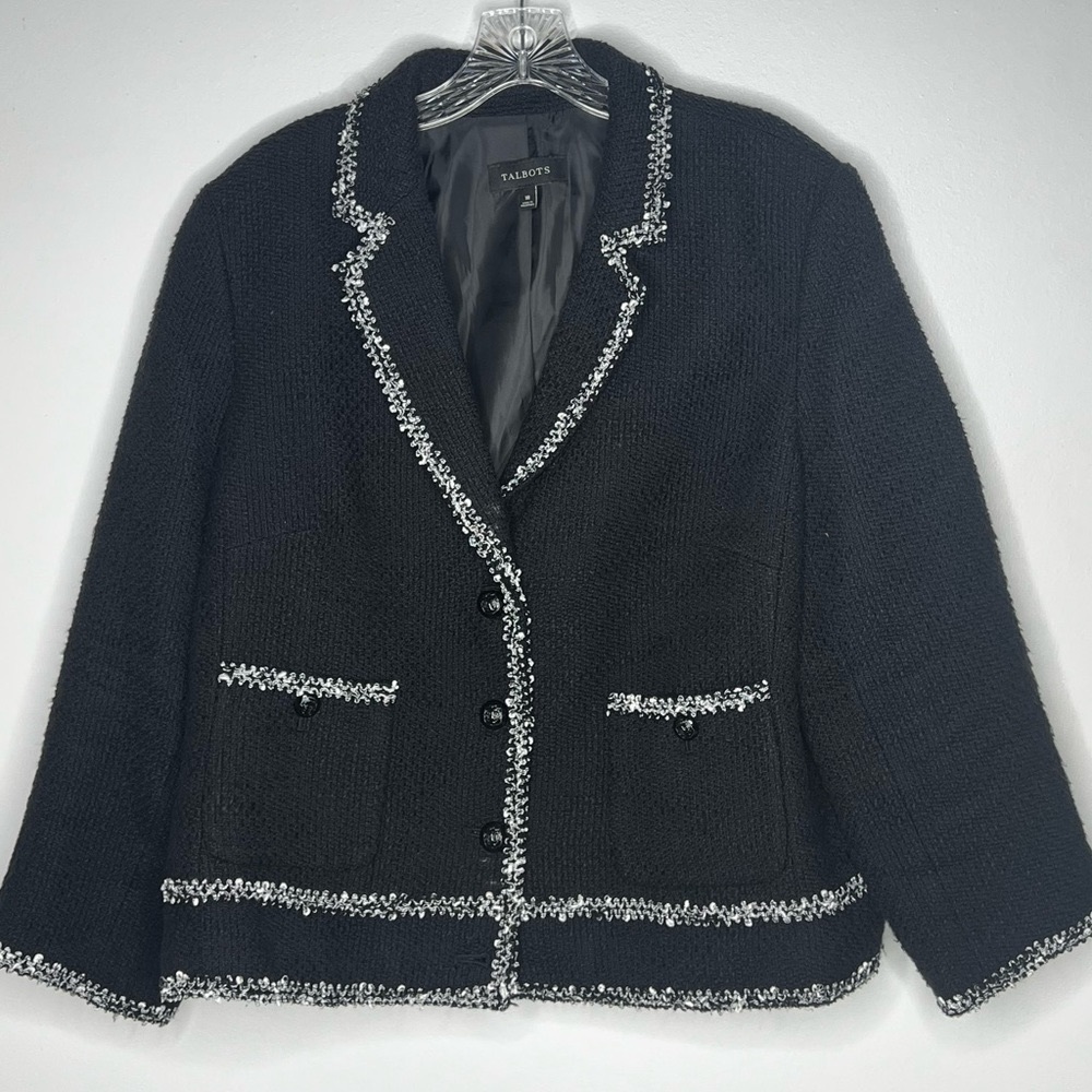 Talbots | Black White Trim Tweed Blazer Jacket Front Pockets